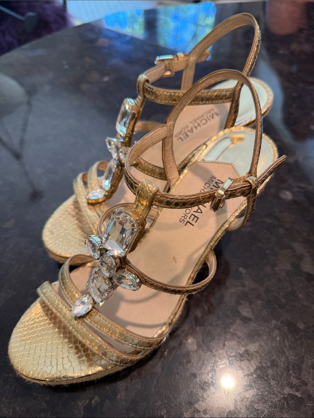 Michael Kors Gold Crystal Embellished Strappy Heels